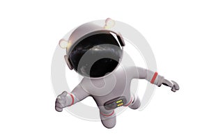 Cute cartoon astronaut in white space suit is weightless in zero gravity space 3d rendering, isolated on white background