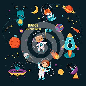 Space Adventure with Boy and Animal Astronaut Character Exploring Galaxy with Planets Around Vector Set