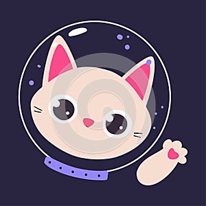 Space Adventure with Cat Astronaut in Helmet Floating Waving Paw Exploring Galaxy Vector Illustration