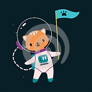 Space Adventure with Cat Astronaut in Spacesuit with Flag Exploring Galaxy Vector Illustration