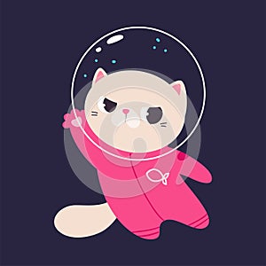 Space Adventure with Cat Astronaut in Spacesuit Floating Exploring Galaxy Vector Illustration