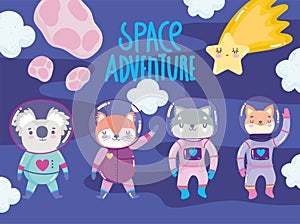 Space adventure cute fox cat raccoon cat with astronaut suit cartoon