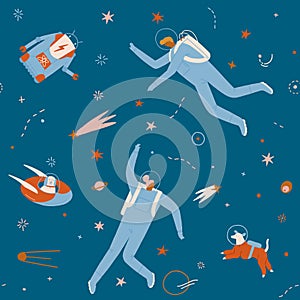 Space adventure pattern with boy, girl, dog and robot astronaut explore cosmos seamless pattern.