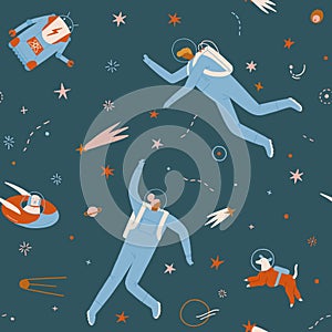 Space adventure pattern with boy, girl, dog and robot astronaut explore cosmos seamless pattern.