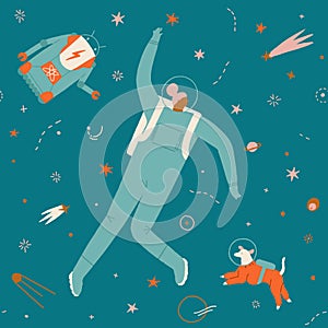 Space adventure pattern with boy, girl, dog and robot astronaut explore cosmos seamless pattern.