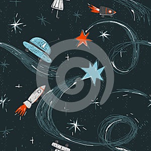 A space adventure, spaceships roam the universe on wheels and fly between comets. Seamless pattern