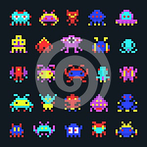 Space aliens vintage video computer arcade game pixel vector monster icons