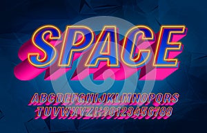 Space alphabet font. 3D effect letters, numbers and symbols.