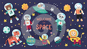 Space animals. Cute cartoon trendy baby animal characters in space suits, set of science kids in cosmos. Vector flat