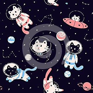 Space animals pattern. Seamless black background with cosmic spaceship planets stars and cats wearing spacesuits