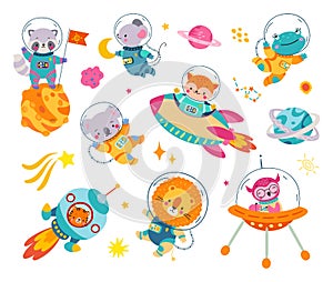 Space animals set in cosmonaut suit. Astronauts flying in rocket and in open universe. Planets, stars comet and