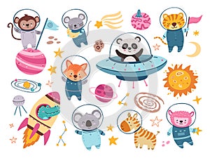 Space animals set. Panda astronaut in spaceship, cartoon animal. Dog, fox tiger in suit, crocodile in rocket explorer