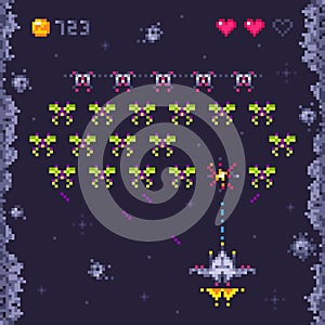 Space arcade game level. Retro invaders, pixel art video games and monster invader spaceship gaming vector illustration