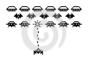 Space Arcade. Pixel art 8-bit retro video game with alien ufo spaceships and rocket. Intergalactic battle with invaders