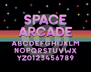 Space Arcade vector font design. Retro vintage modern round bold font with purple colors. Gaming, sci-fi and other retro,