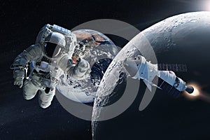 Space art with astronaut, Moon, Earth planet and Orion spaceship. Elements of this image furnished by NASA