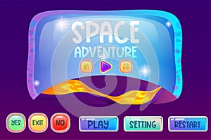 Space assets for ui game interface with screen, buttons and planet with lava. Buttons and screen for application