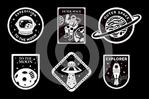 Space astronaut badge, logo design, adventure patch set. Vintage or retro galaxy travel label, earth and moon sticker