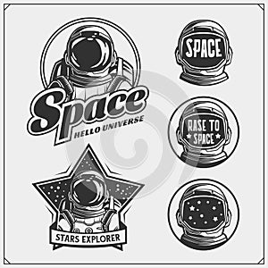 Space and astronaut emblems, labels and design elements. Vintage style.