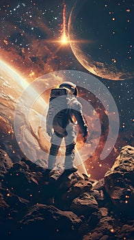 Space. Astronaut standing on a planet looking at a large meteorite. ,Fast Moving,Shocking Magnificence,Great Explosion,Generative