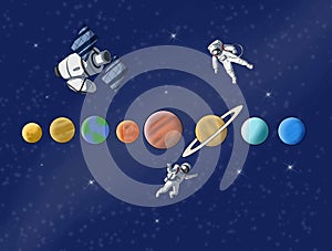 Space with astronout satelite and planr illustration