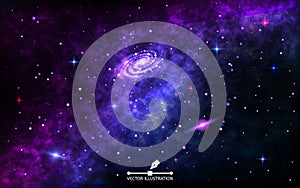 Space background. Cosmic backdrop with nebula. Outer space with bright spiral galaxy, stardust and shining stars