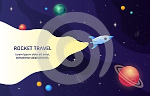 Space background, galaxy with stars and planets, rocket ship in universe. Future shapes, sky science travel for child