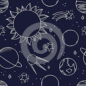 Space Background. Hand drawn vector illustrations. Ð¡osmic doodle seamless pattern with planets, stars, satellite. Solar system