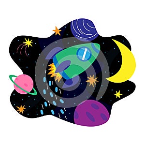Space background illustration with rocket, planets, moon and stars. Space print design