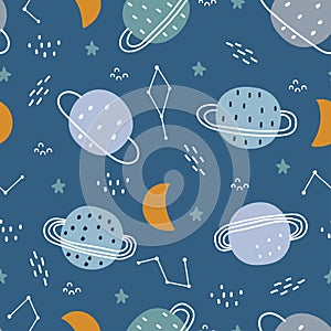 Space background for kids Planet with crescent moon seamless pattern design in cartoon style.