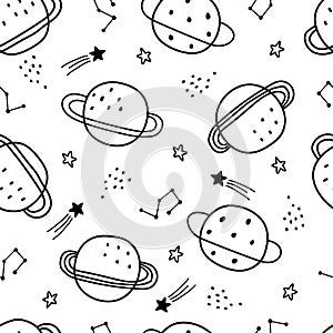 Space background for kids planet seamless pattern Black and white design in cartoon style