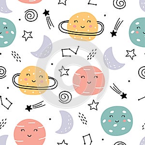 Space background for kids Planet sky seamless pattern design in cartoon style