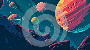 Space background for kids with planets and stars from surface of Moon, cartoon illustration