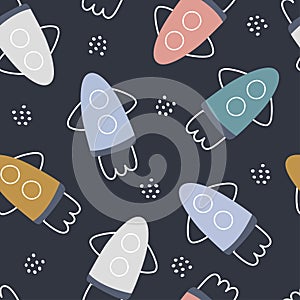 Space background for kids rocket seamless pattern hand drawn design in cartoon style