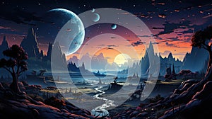 Space background with landscape of alien planet