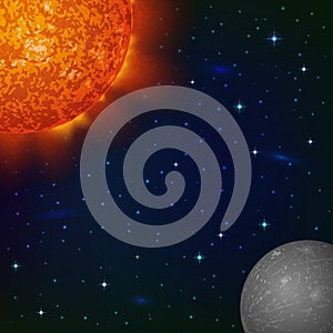 Space background with Mercury and Sun