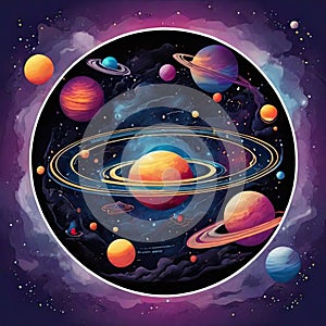 Space background with planets and stars, colorful illustration of the planets of our solar system