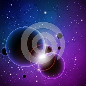 Space background with planets, stars and shining rays. Vector illustration.