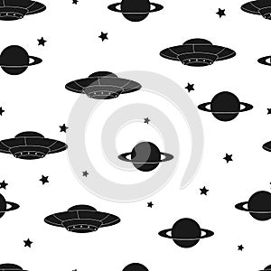 Space background. Seamless pattern with cartoon ufo, planet, stars. Black and white. Vector