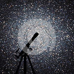 Space background with silhouette of telescope. Globular cluster