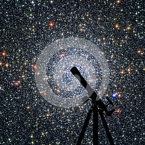 Space background with silhouette of telescope. Globular cluster