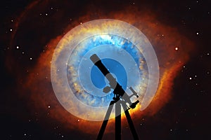 Space background with silhouette of telescope. The Helix Nebula