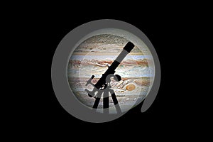 Space background with silhouette of telescope. Jupiter planet