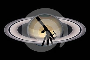 Space background with silhouette of telescope. Saturn planet