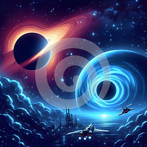 Space background with spaceship and planets. Elements of this image furnished by NASA