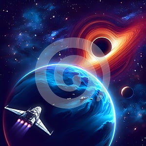Space background with spaceship and planets. Elements of this image furnished by NASA