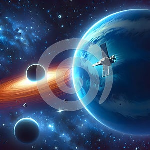 Space background with spaceship and planets. Elements of this image furnished by NASA