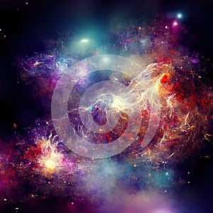 Space background with stardust and shining stars. Realistic colorful cosmos with nebula and milky way. Galaxy backdrop