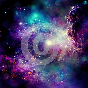 Space background with stardust and shining stars. Realistic colorful cosmos with nebula and milky way. Galaxy backdrop