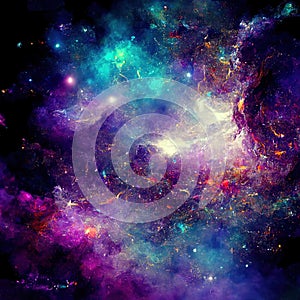 Space background with stardust and shining stars. Realistic colorful cosmos with nebula and milky way. Galaxy backdrop